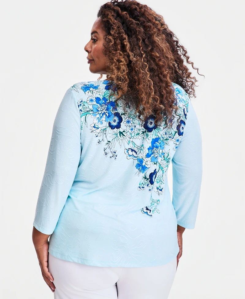 Jm Collection Plus Printed Jacquard 3/4-Sleeve Top
