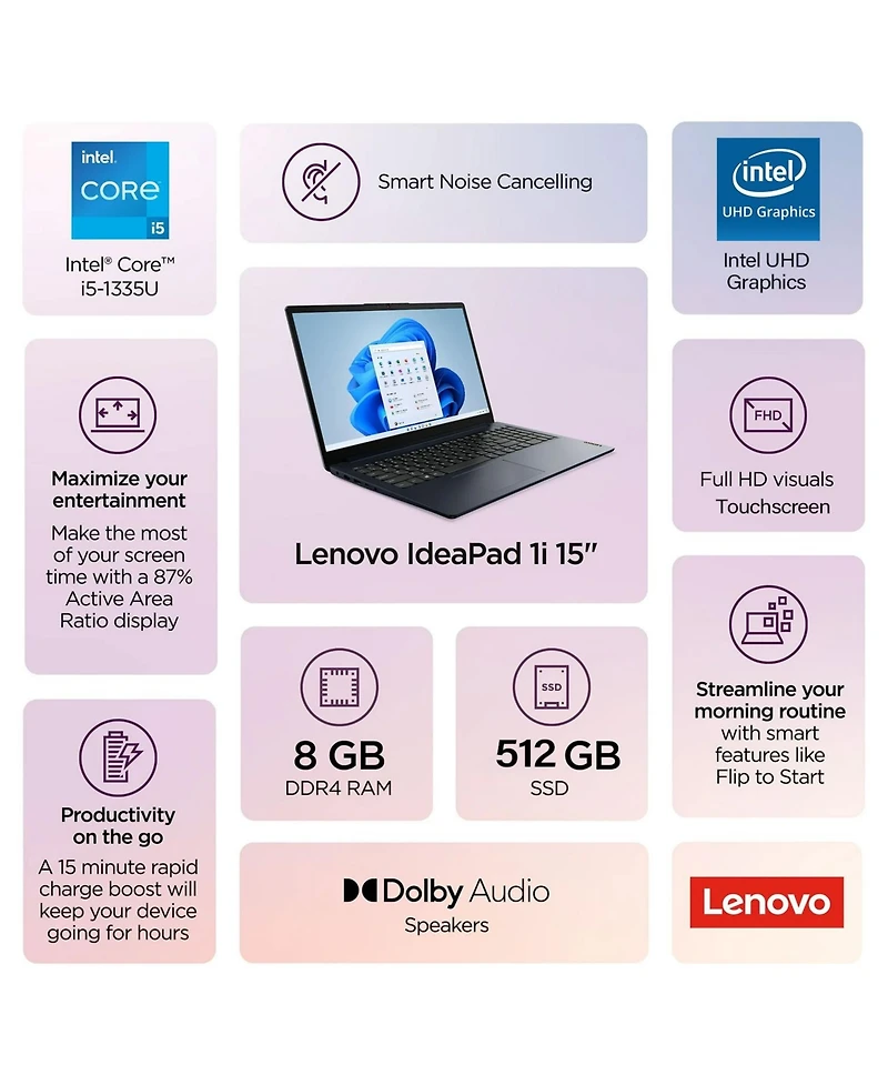 Lenovo IdeaPad 1 15.6" Laptop, Intel i5-1335U, 8GB Ram, 256GB Ssd, Uhd Graphics, Windows 11 Home, Fhd Display.