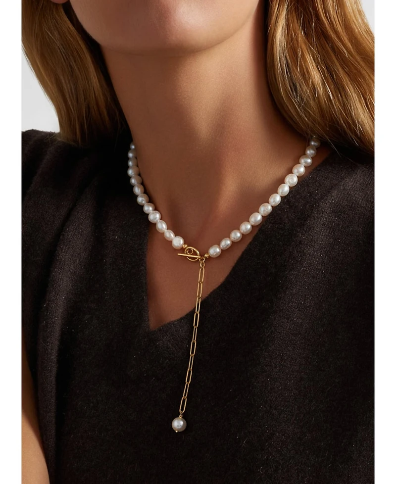 18K Gold Plated Paper Clip Chain with Freshwater Pearls - Morgan Necklace 17" For Women