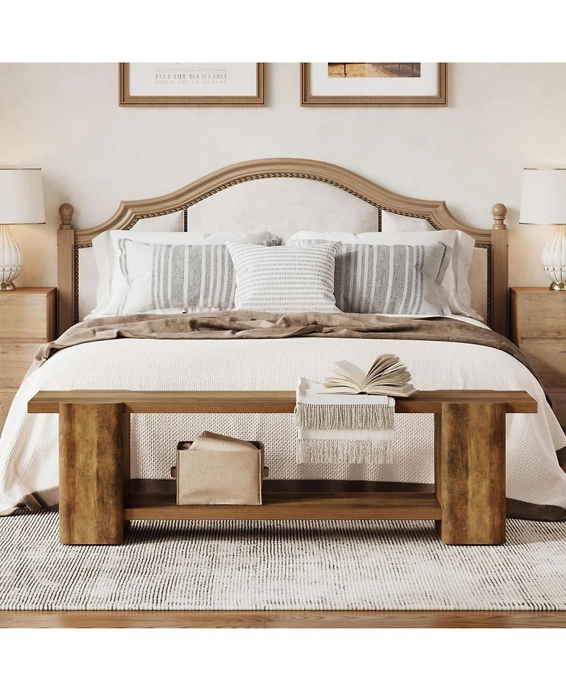 Tribesigns Wood Entryway Bench, 63" End of Bed Bench with Storage Shelf, Farmhouse Extra Long Shoe Bench