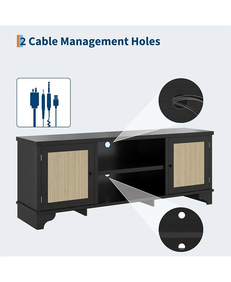 gaomon Rattan Tv Stand for 65 Tv, Boho Entertainment Center with Cabinets & Open Shelves