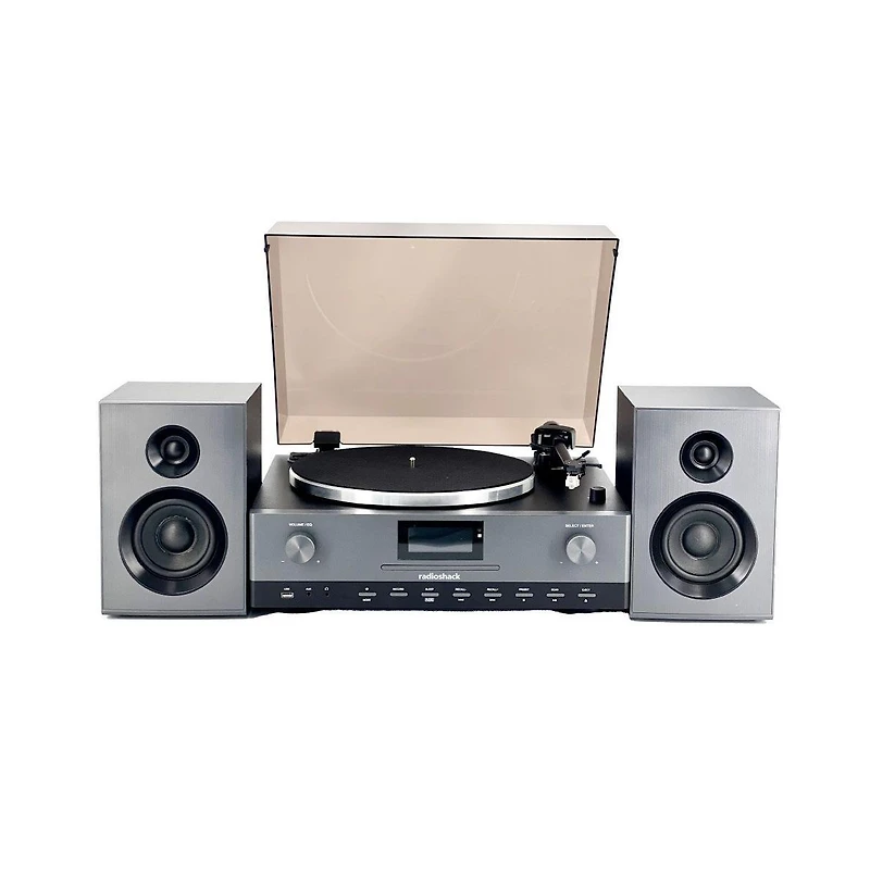 RadioShack Turntable With Professional Style 4001798: 3-Speed Vinyl Record Player Fm, Cd Player, Usb, Bluetooth, Two Detachable Speakers Included