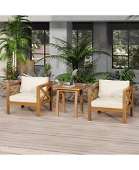 Flynama 2 Piece Outdoor Acacia Wood Conversation Set with Armchairs Cushions Teak Finish End Table for Backyard Patio Poolside
