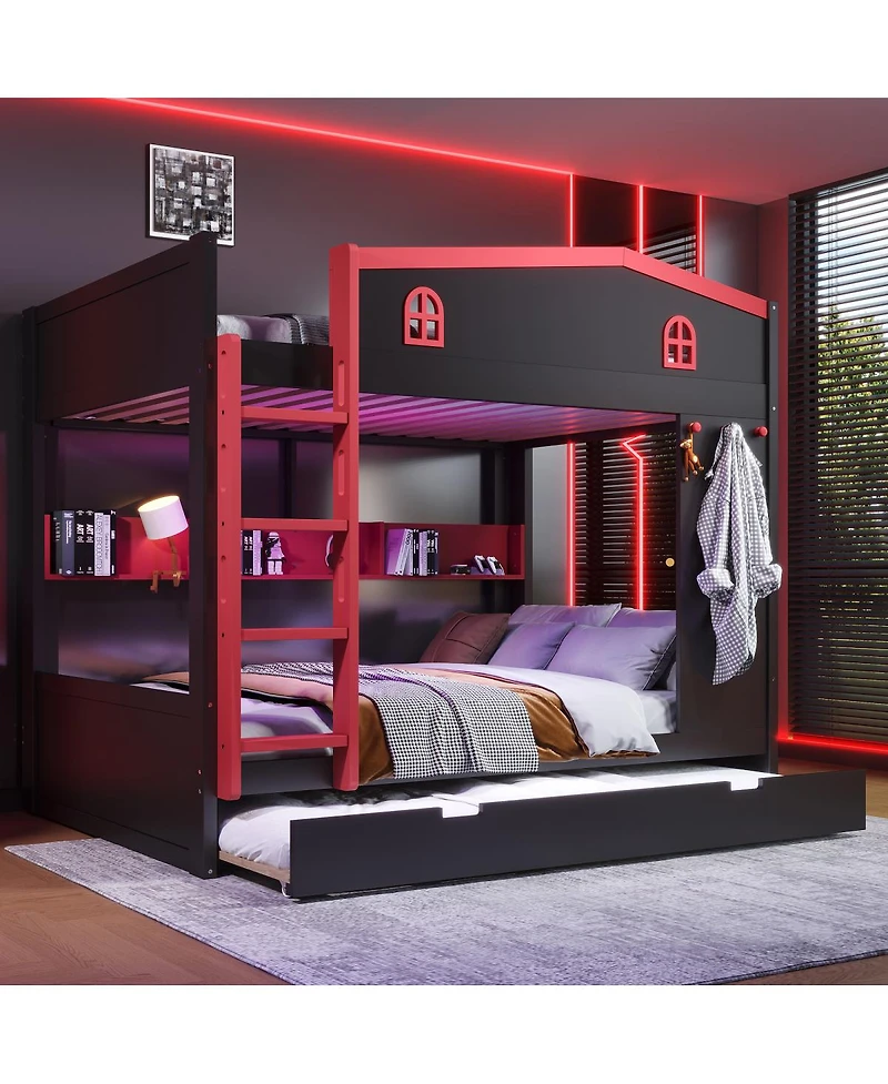 Streamdale Furniture Queen Bunk Bed w/Trundle & Storage Shelves, Solid Wood, Black&Red