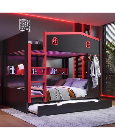 Streamdale Furniture Queen Bunk Bed w/Trundle & Storage Shelves, Solid Wood, Black&Red