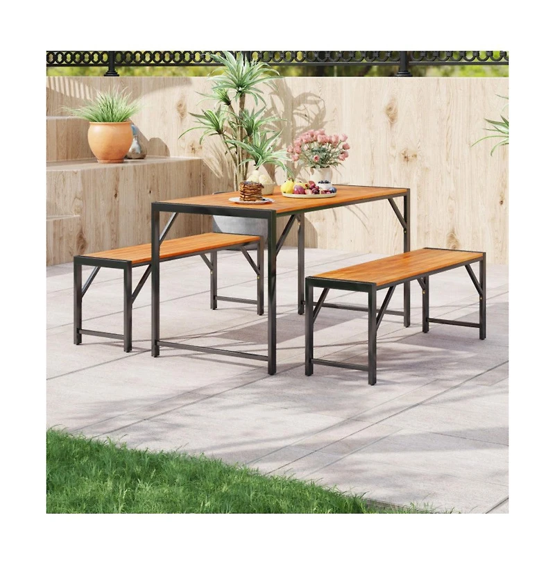 Mondawe 3 Pieces Patio Dining Set with Acacia Wood Dining Table and 2 Benches
