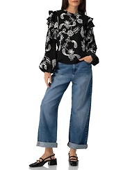 Ivonne Women's Blouse with White Embroidery and Ruffle Detail