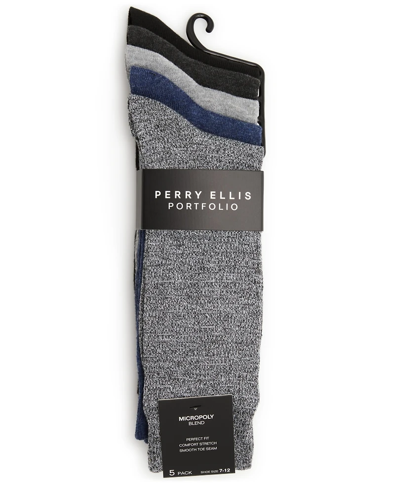 Perry Ellis Portfolio Men's Patterned Flat Knit Sole Logo Crew Socks, 5-Pack