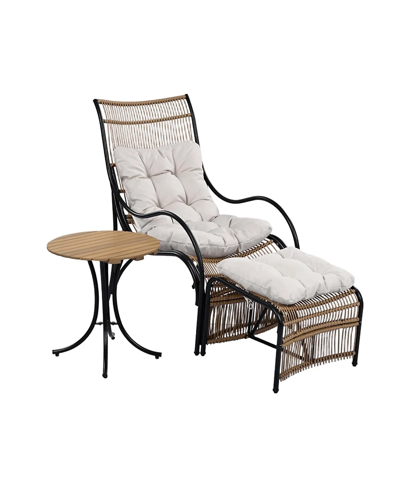 Flynama 3 Piece Black Natural Beige Wicker Outdoor Patio Furniture Set with Lounge Chair Side Table Ottoman and Cushions for Garden Deck Porch