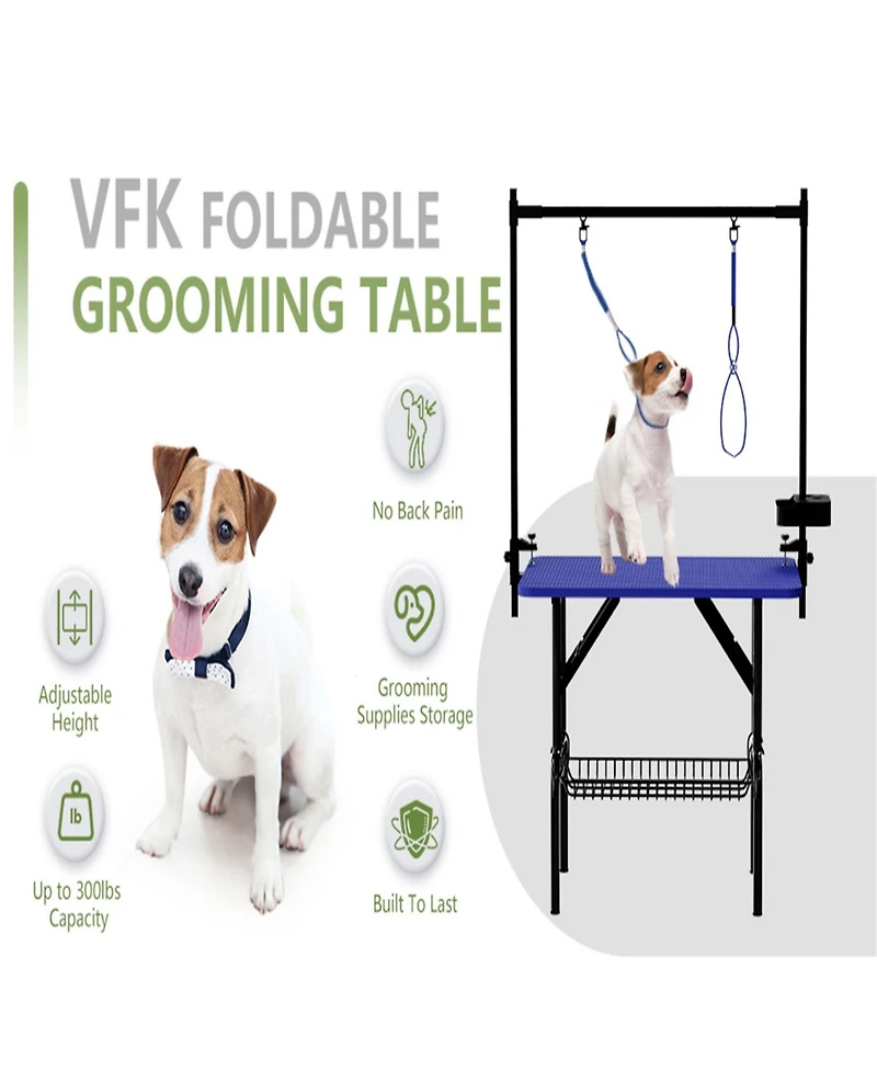 Aostirmotor 36" Large Dog Grooming Table, Foldable Adjustable Pet Station with Arms, Nooses & Mesh Drying Tray, Blue