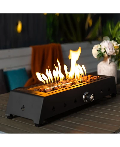 Flynama Black 28 Inch Rectangular Propane Gas Fire Pit 40000 Btu Steel Outdoor Fire Pit for Patio Garden Balcony with Tempered Glass Wind Guard