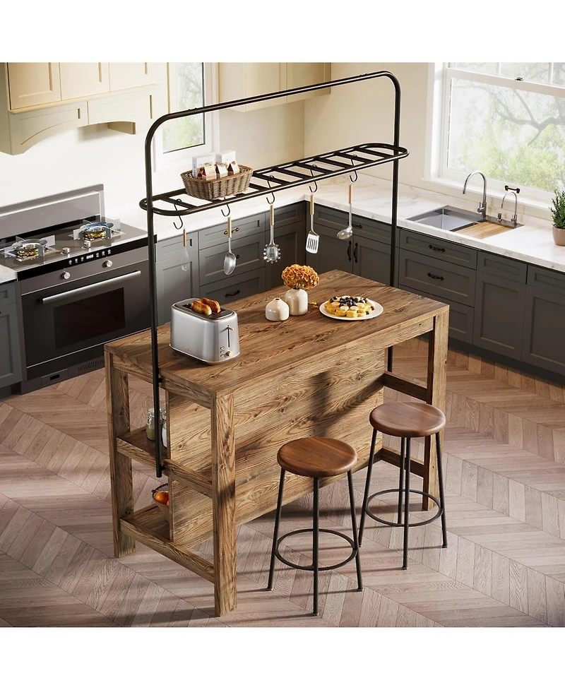 Tribesigns Solid Wood Kitchen Island with Storage, 47-Inch Farmhouse Stationary Island Table with Countertop and 5 Hooks, Wooden Coffee Bar Table