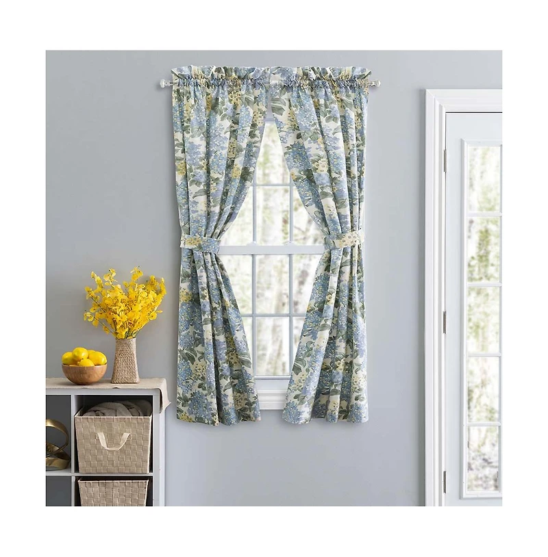 Ellis Hydrangea Classic Pattern Printed 1.5" Rod Pocket Window Tailored Pair with Ties 68"x54" Blue