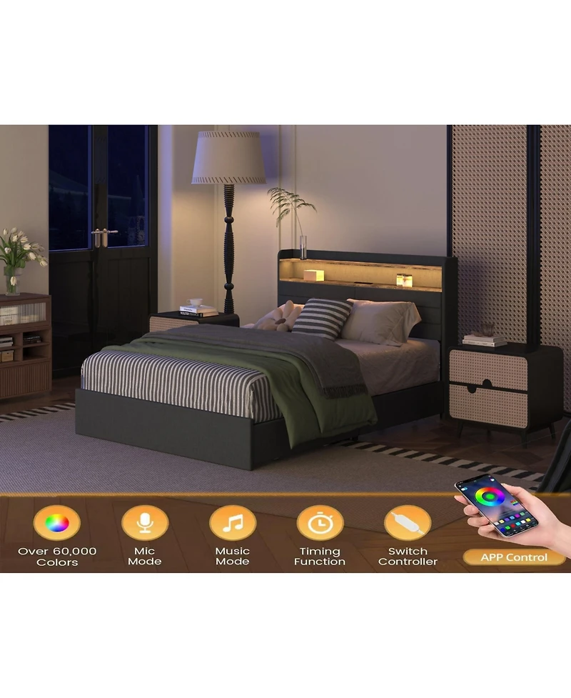 Boyel Living Queen Bed Frame with 4 Storage Drawers, Led Light, and Charging Station