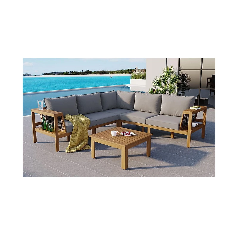 Mondawe 4-Piece Acacia Wood Patio Conversation Set with Cushions and Coffee Table