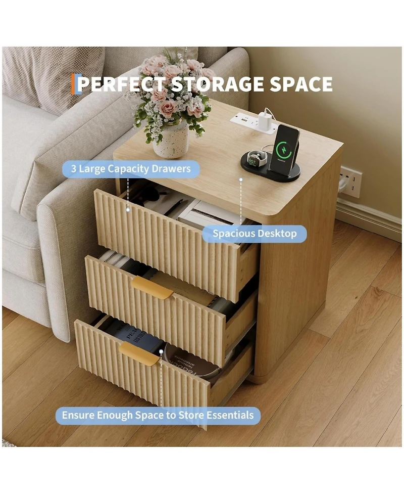 gaomon Set of 2 Fluted Nightstands, 3-Drawer Bedside Table with Built-in Charging Station & Open Storage