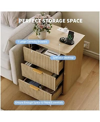 gaomon Set of 2 Fluted Nightstands, 3-Drawer Bedside Table with Built-in Charging Station & Open Storage