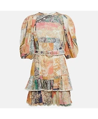 Pre-Owned Zimmermann Women's Multicolour Floral Print Linen Ruffle Hem Mini Dress