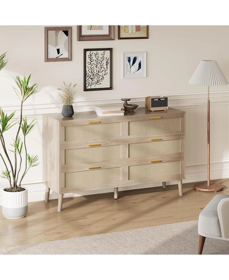 gaomon 6 Drawer Rattan Dresser, 47.2'' x 15.7'' x 29.5'' Rattan Chest of Dressers, Mid Century Modern Dresser for Closet with Handles