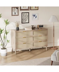 gaomon 6 Drawer Rattan Dresser, 47.2'' x 15.7'' x 29.5'' Rattan Chest of Dressers, Mid Century Modern Dresser for Closet with Handles