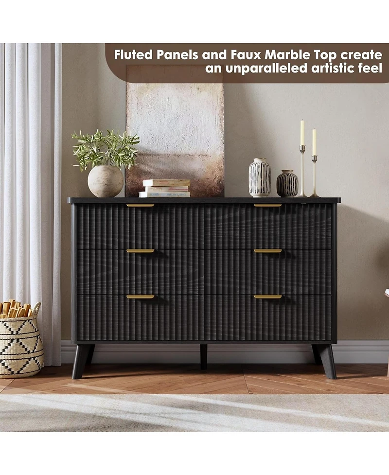 Gaomon 47.2" Fluted Dresser with 6 Deep Drawers and Faux Marble Top, Curved Profile Design, Modern Wooden Chest for Bedroom