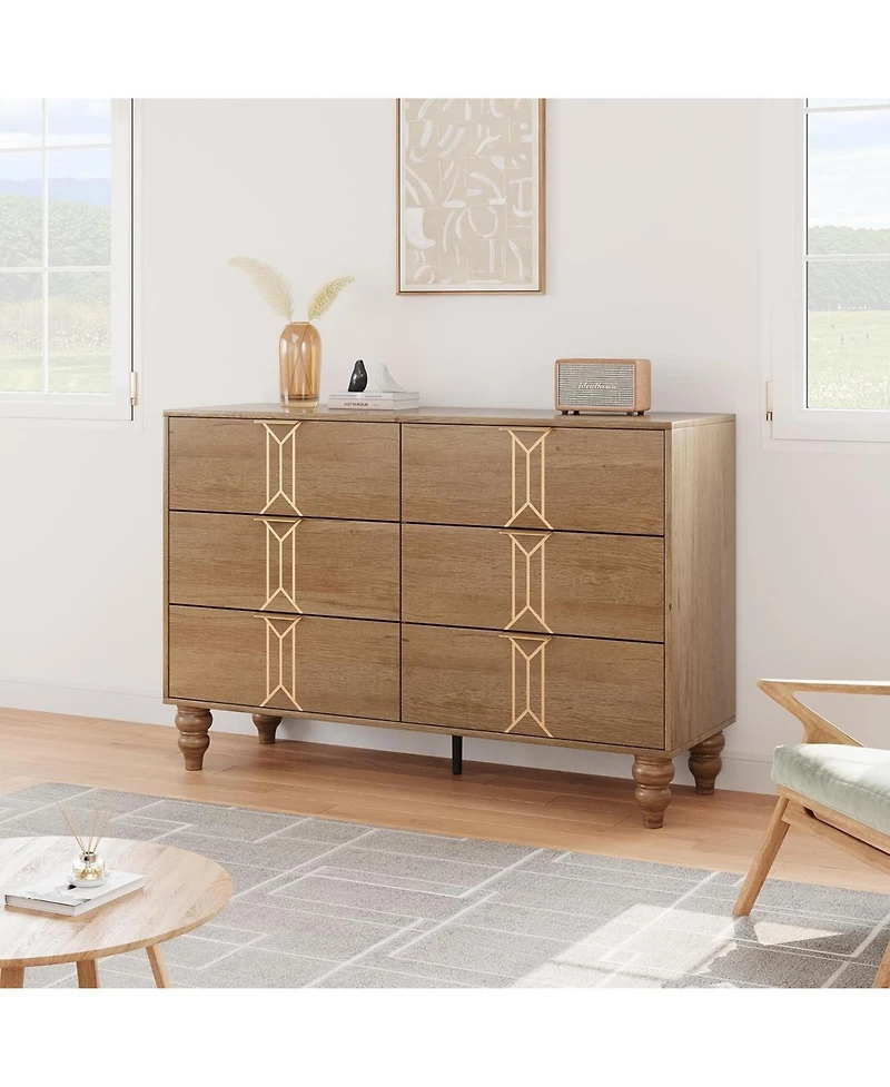 Gaomon Modern Wooden 6 Drawer Dresser with Vintage Pattern Design, Chest Deep Drawers for Bedroom, Living Room and Entryway