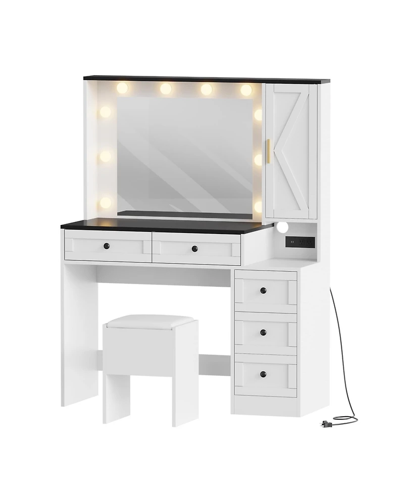 Gaomon Makeup Vanity Desk Lighted Mirror and Cushioned Stool Wooden Dressing Table