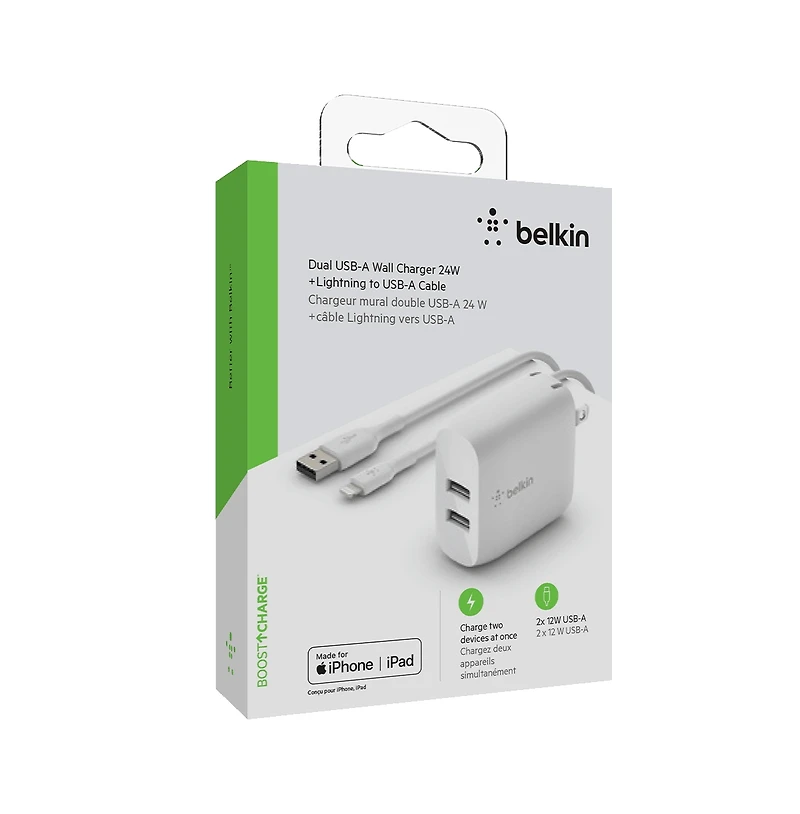 Belkin BoostCharge Dual Usb-a Wall Charger 24W with Usb-a to Apple Lightning Cable