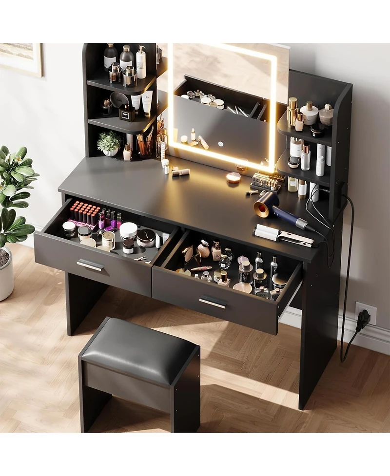 gaomon 2-Drawer Lighted Mirror Vanity, Stylish Makeup Desk for Modern Bedroom Decor