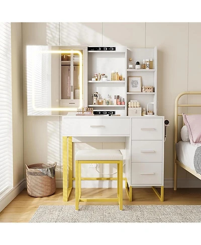 Gaomon 4-Drawer 5-Shelf Vanity Desk, Lighted Mirror Makeup Table for Ample Storage