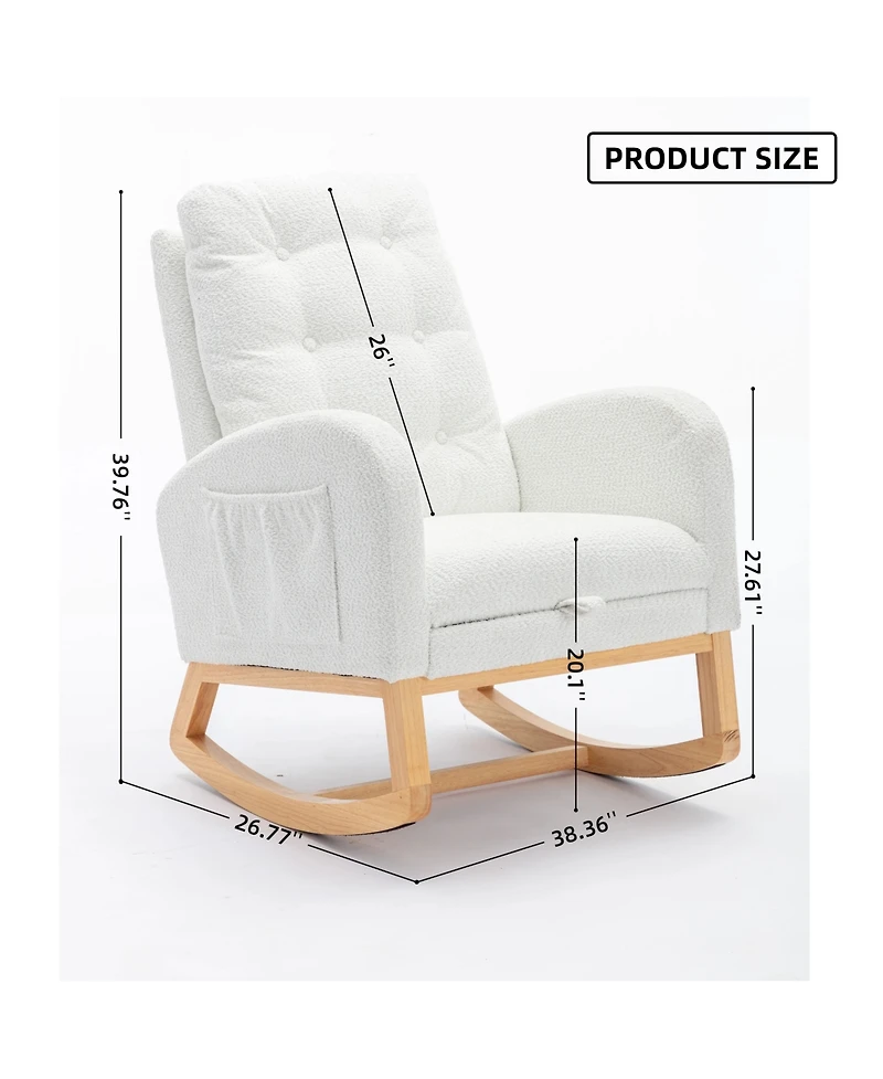 Flynama High Back Accent Rocking Chair with Footrest Rubber Wood Legs Side Storage Pocket for Bedroom Living Room Nursery