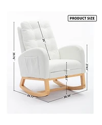 Flynama High Back Accent Rocking Chair with Footrest Rubber Wood Legs Side Storage Pocket for Bedroom Living Room Nursery