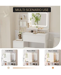 Gaomon White 4-Drawer Vanity Desk Set, Lighted Makeup Table with Power Outlet, Usb Ports & Matching Stool