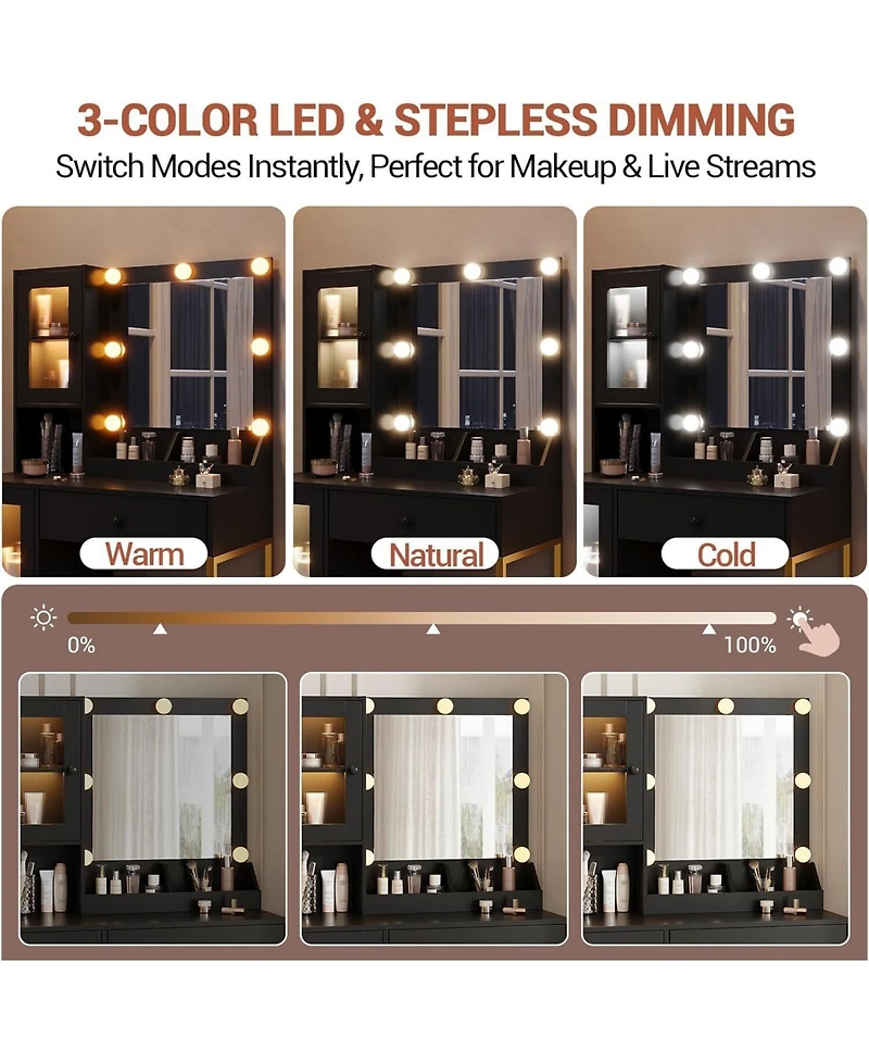 gaomon Led Lighted Vanity Desk, Makeup Table with Built-in Power and Usb Charging Ports