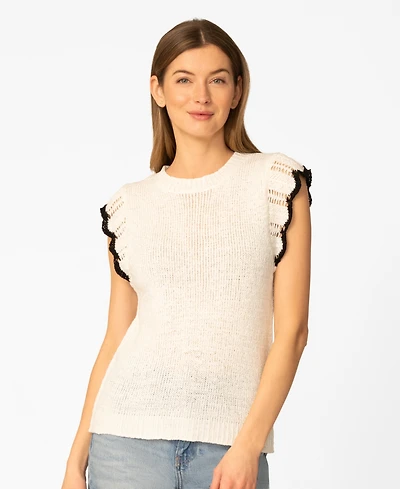 Melissa Paige Petite Scalloped Sleeve Crewneck Sweater Knit Top