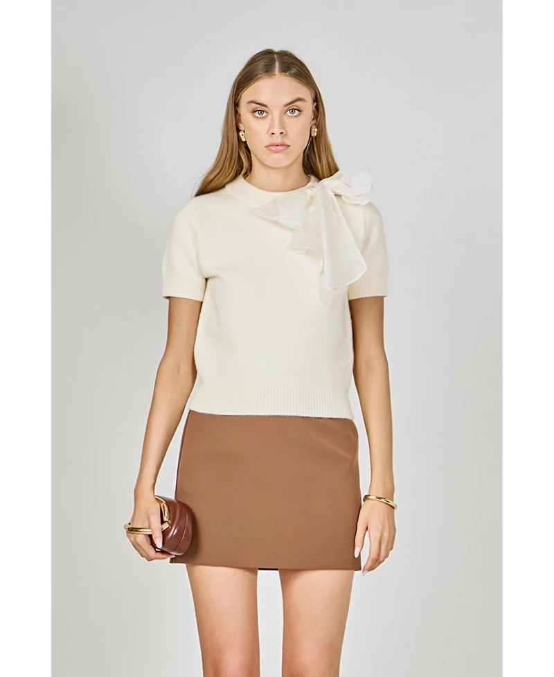 English Factory Women's Bow Accent Puff Sleeve Knit Top