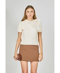 English Factory Women's Bow Accent Puff Sleeve Knit Top