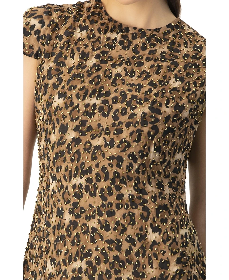 Ivonne Women's Short Beaded Cap Sleeve Dress with Round Neck