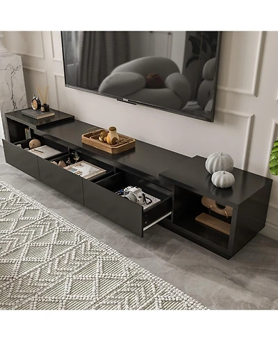 Tv stand with three drawers and two cabinet doors, media console with metal feet, wooden entertainment center
