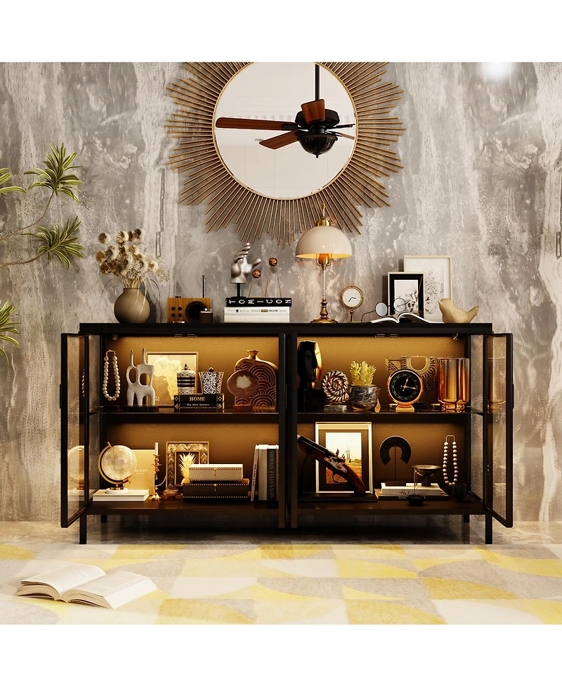 Homsee High quality black iron frame, 4-door iron mesh steel wood cabinet, storage cabinet, pantry