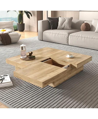 Streamdale Furniture Square Veneer Coffee Table Sliding Top with Storage Natural Wood Grain 39.4"