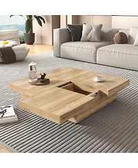 Streamdale Furniture Square Veneer Coffee Table Sliding Top with Storage Natural Wood Grain 39.4"
