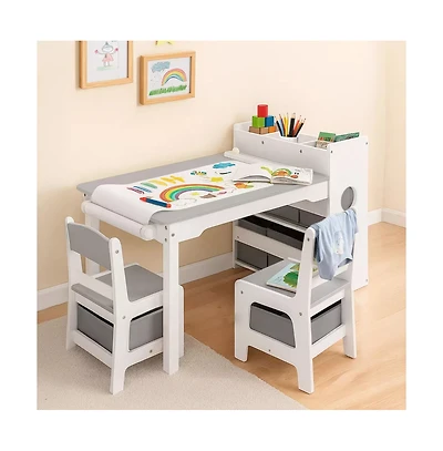 Kinder King 3-in-1 Kids Table and 2 Chairs Set with Storage, Removable Top Chalkboard for Art, Crafts, Reading