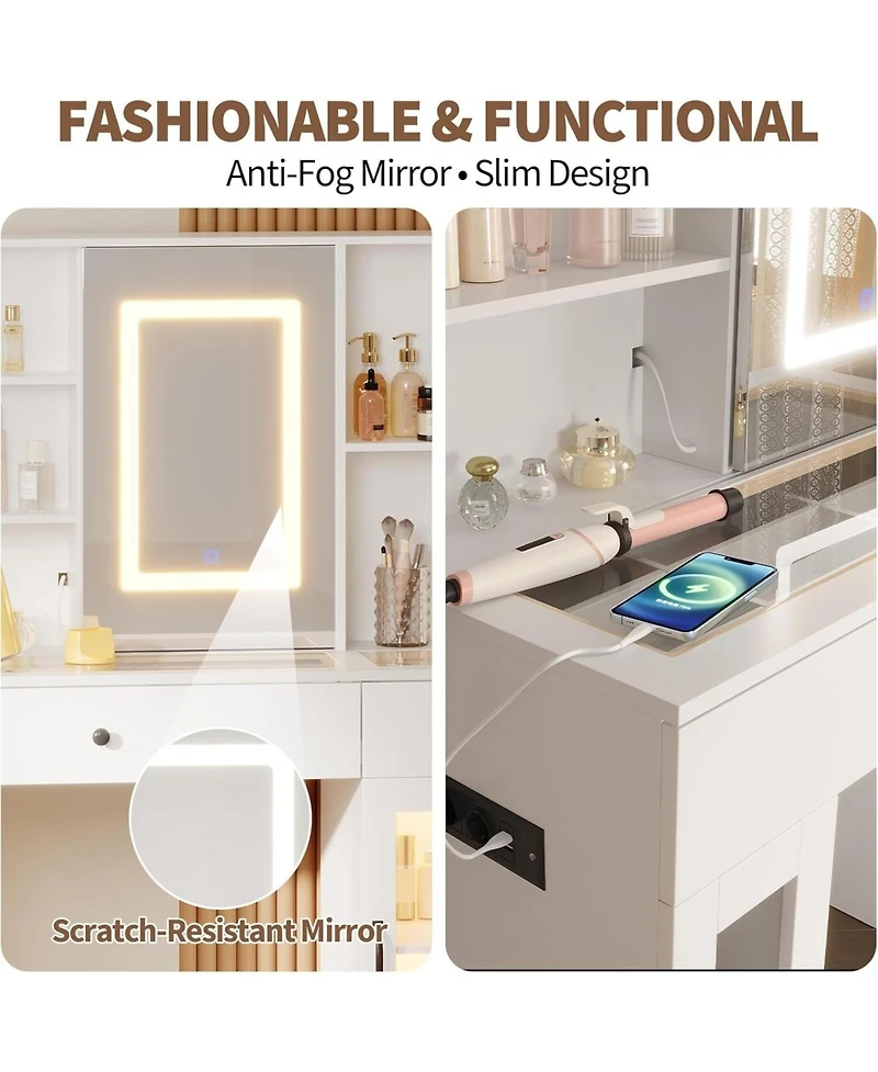 Gaomon 3-Color Led Vanity Desk, Makeup Dressing Table with Space-Saving Sliding Mirror