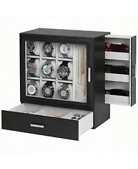 Yigii 9-Slot Vertical Watch Case for Men with Necklace Display and 3-Tier Drawer