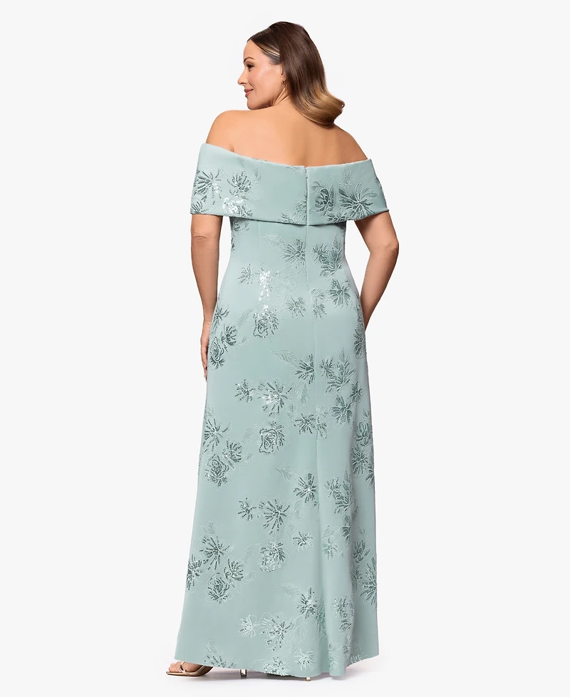 Betsy & Adam Plus Long Jacquard Off The Shoulder Ball Gown