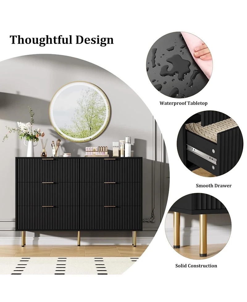 gaomon 6-Drawer Fluted Dresser for Bedroom, Modern Chest of Drawers with Gold Handles, Wood Storage Organizer Living Room, Closet, or Hallway