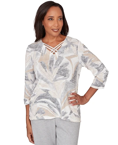 Alfred Dunner Petite Leaf Print Crossover V-Neck Top