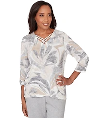 Alfred Dunner Petite Leaf Print Crossover V-Neck Top