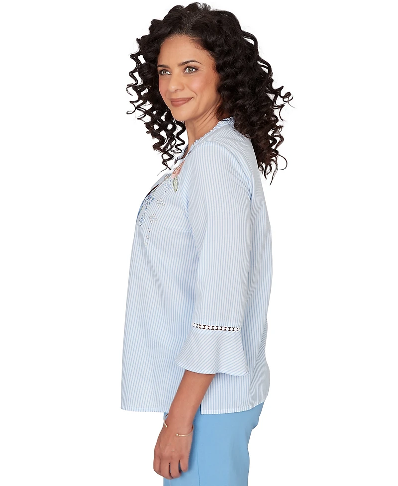 Alfred Dunner Petite Striped Floral Embroidered Button-Down Top